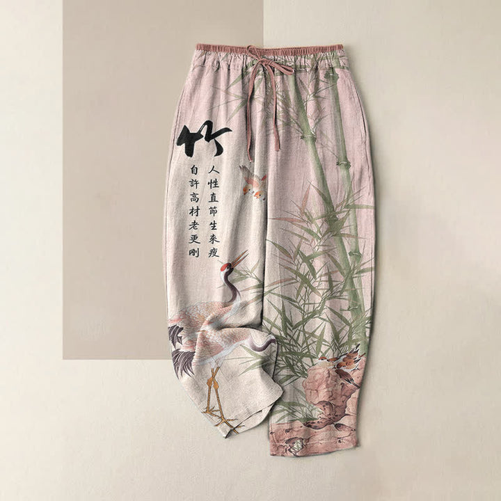 Buddha Stones Pantaloni da donna in puro cotone con elastico in vita e tasche, fantasia artistica a gru di bambù. - Lavanda Rosa - US16, UK/AU20, EU48 (3XL) - image 4