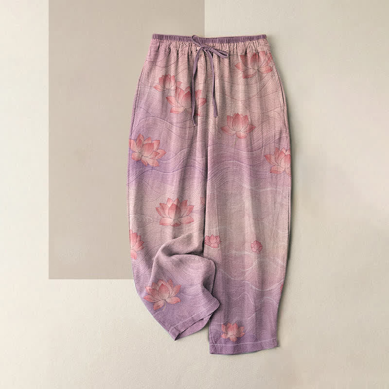 Buddha Stones Pantaloni da donna in puro cotone con elastico in vita e tasche, fantasia a loto sfumata. - Orchidea - US16, UK/AU20, EU48 (3XL) - image 3