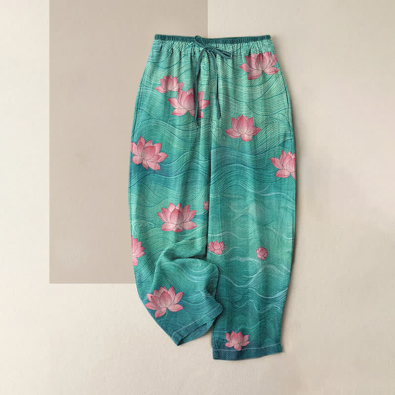 Buddha Stones Pantaloni da donna in puro cotone con elastico in vita e tasche, fantasia a loto sfumata. - Verde acqua - US16, UK/AU20, EU48 (3XL) - image 4
