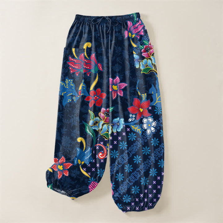 Buddha Stones Pantaloni harem da donna in cotone con elastico in vita e tasche laterali, fantasia geometrica etnica a fiori. - image 3
