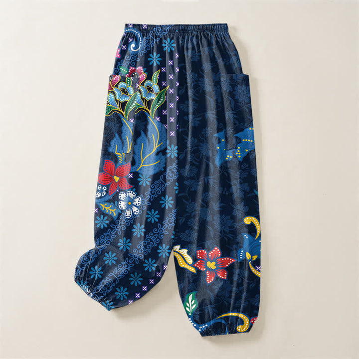 Buddha Stones Pantaloni harem da donna in cotone con elastico in vita e tasche laterali, fantasia geometrica etnica a fiori. - image 4