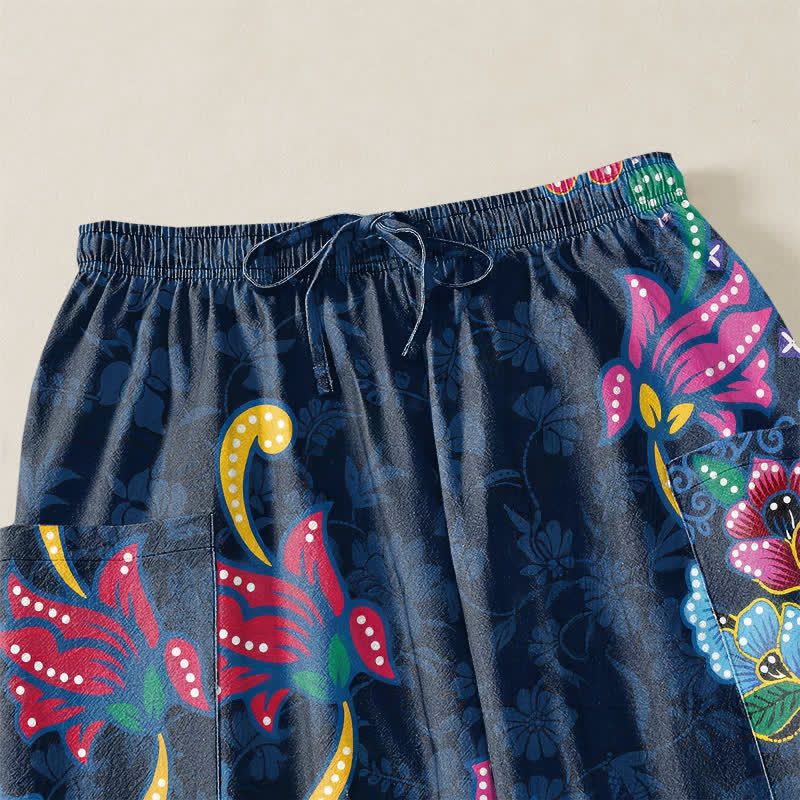Buddha Stones Pantaloni harem da donna in cotone con elastico in vita e tasche laterali, fantasia geometrica etnica a fiori. - image 5