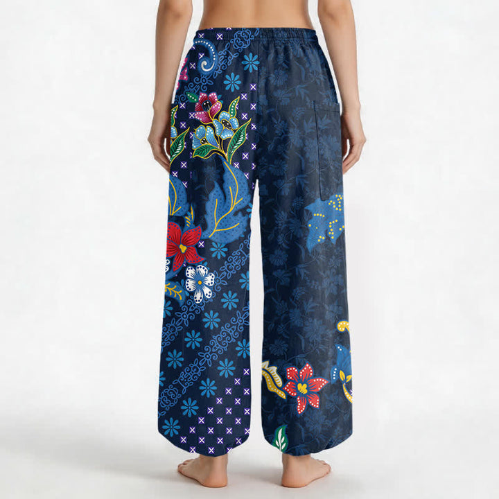 Buddha Stones Pantaloni harem da donna in cotone con elastico in vita e tasche laterali, fantasia geometrica etnica a fiori. - image 2