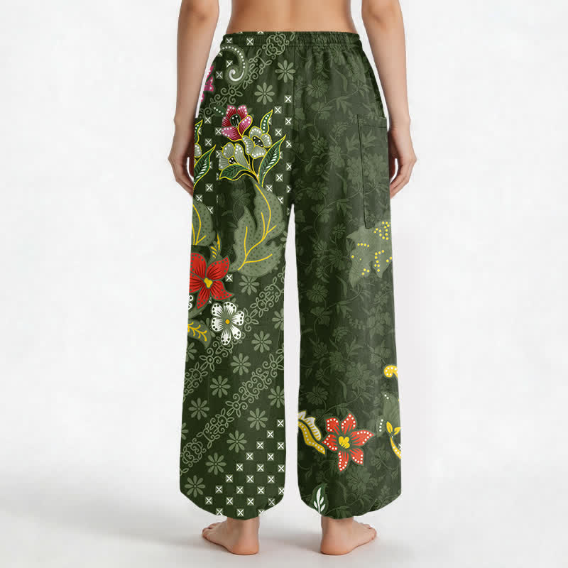 Buddha Stones Pantaloni harem da donna in cotone con elastico in vita e tasche laterali, fantasia geometrica etnica a fiori. - image 9