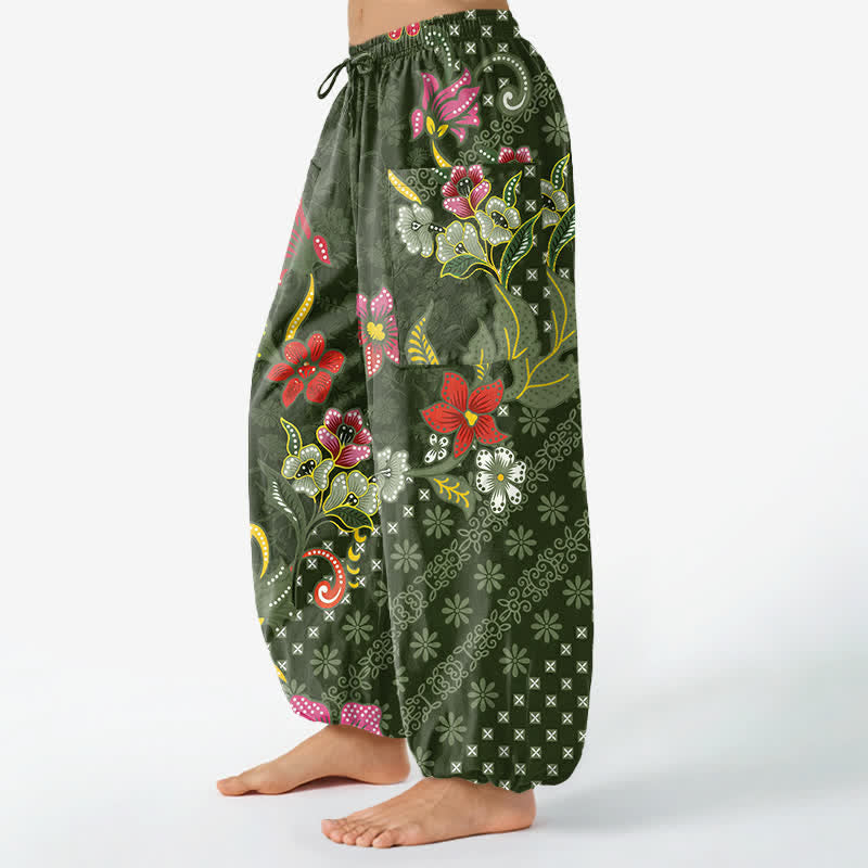 Buddha Stones Pantaloni harem da donna in cotone con elastico in vita e tasche laterali, fantasia geometrica etnica a fiori. - image 8