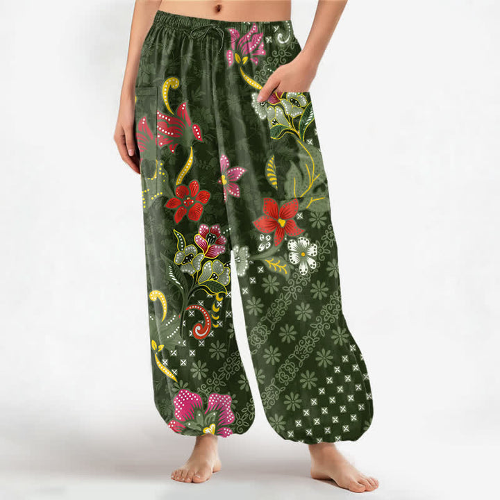 Buddha Stones Pantaloni harem da donna in cotone con elastico in vita e tasche laterali, fantasia geometrica etnica a fiori. - Verde oliva scuro - US16, UK/AU20, EU48 (3XL) - image 7