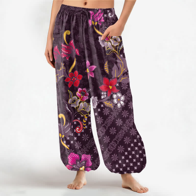 Buddha Stones Pantaloni harem da donna in cotone con elastico in vita e tasche laterali, fantasia geometrica etnica a fiori. - Viola - US16, UK/AU20, EU48 (3XL) - image 10