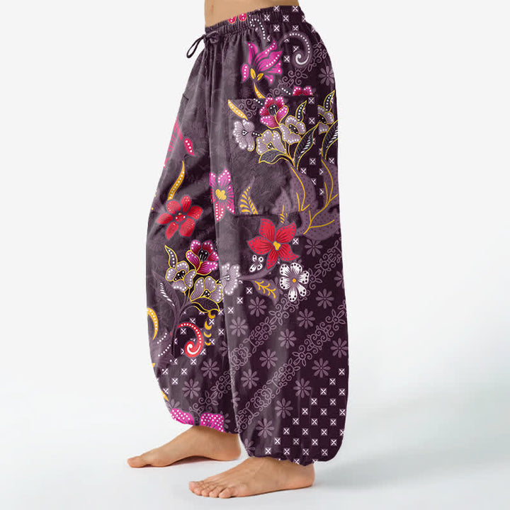 Buddha Stones Pantaloni harem da donna in cotone con elastico in vita e tasche laterali, fantasia geometrica etnica a fiori. - image 11