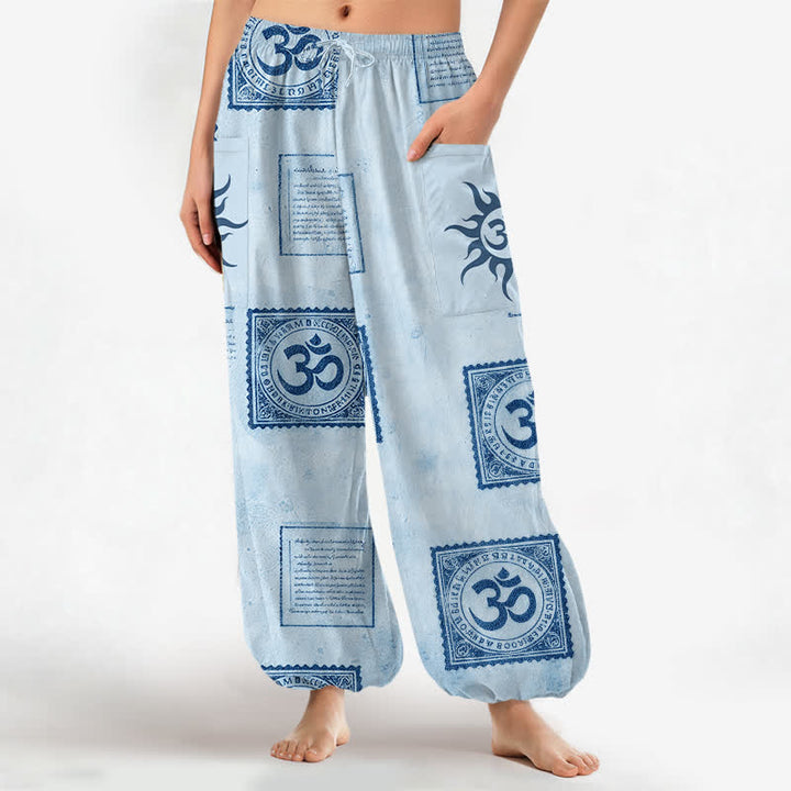 Buddha Stones Pantaloni harem da donna in cotone vintage con motivo Om e sole, vita elasticizzata e tasche laterali. - Azzurro cielo chiaro - US16, UK/AU20, EU48 (3XL) - image 7