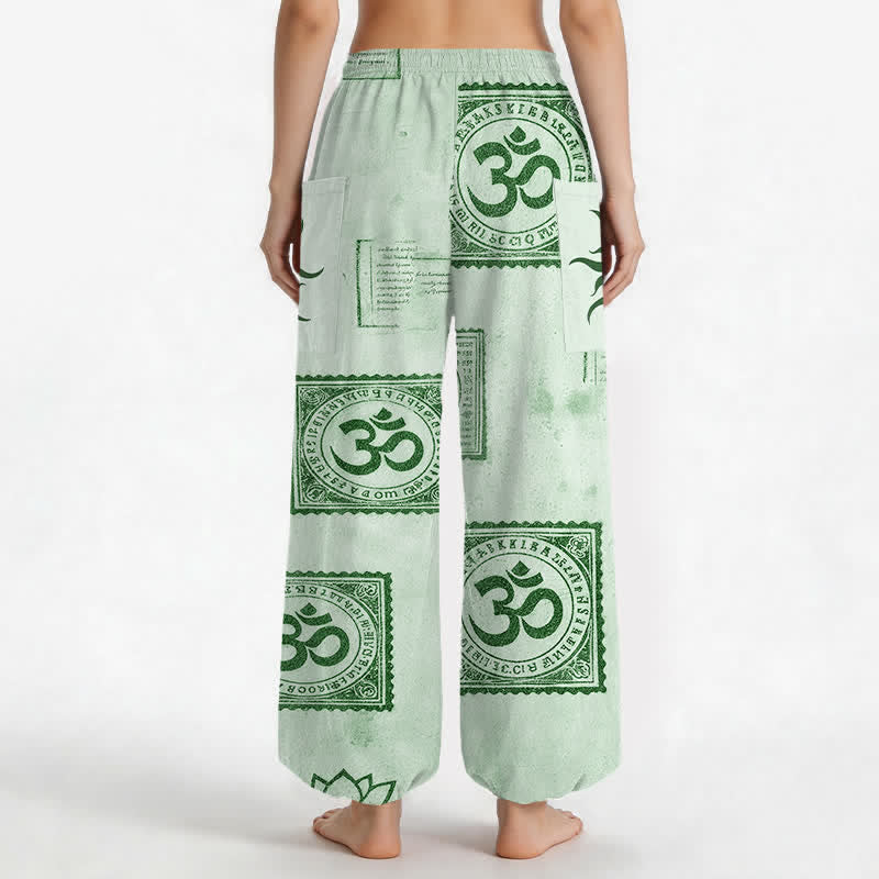 Buddha Stones Pantaloni harem da donna in cotone vintage con motivo Om e sole, vita elasticizzata e tasche laterali. - image 12