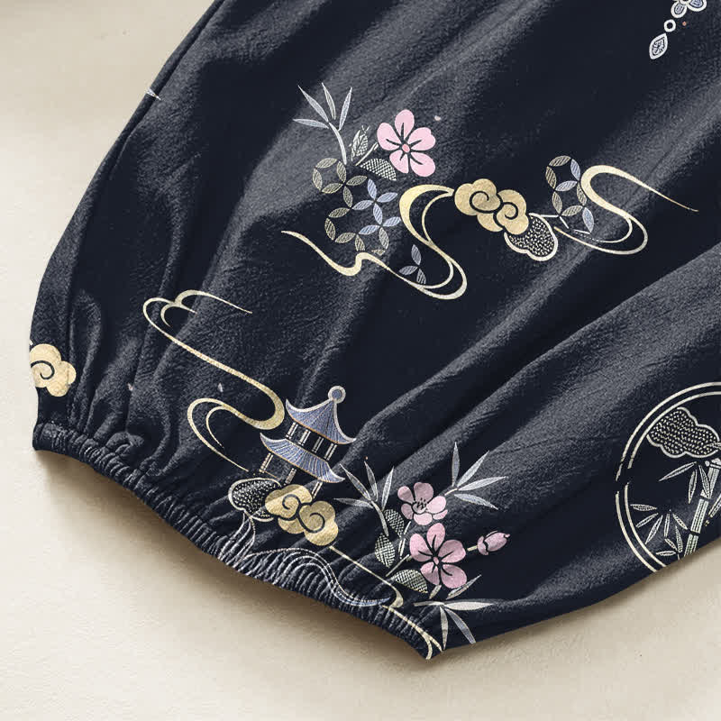 Buddha Stones Pantaloni harem da donna in cotone con elastico in vita e motivo a pesci koi e nuvole di bambù, con tasche laterali. - image 6