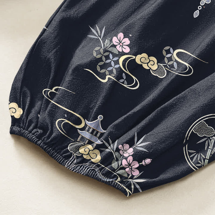 Buddha Stones Pantaloni harem da donna in cotone con elastico in vita e motivo a pesci koi e nuvole di bambù, con tasche laterali. - image 6