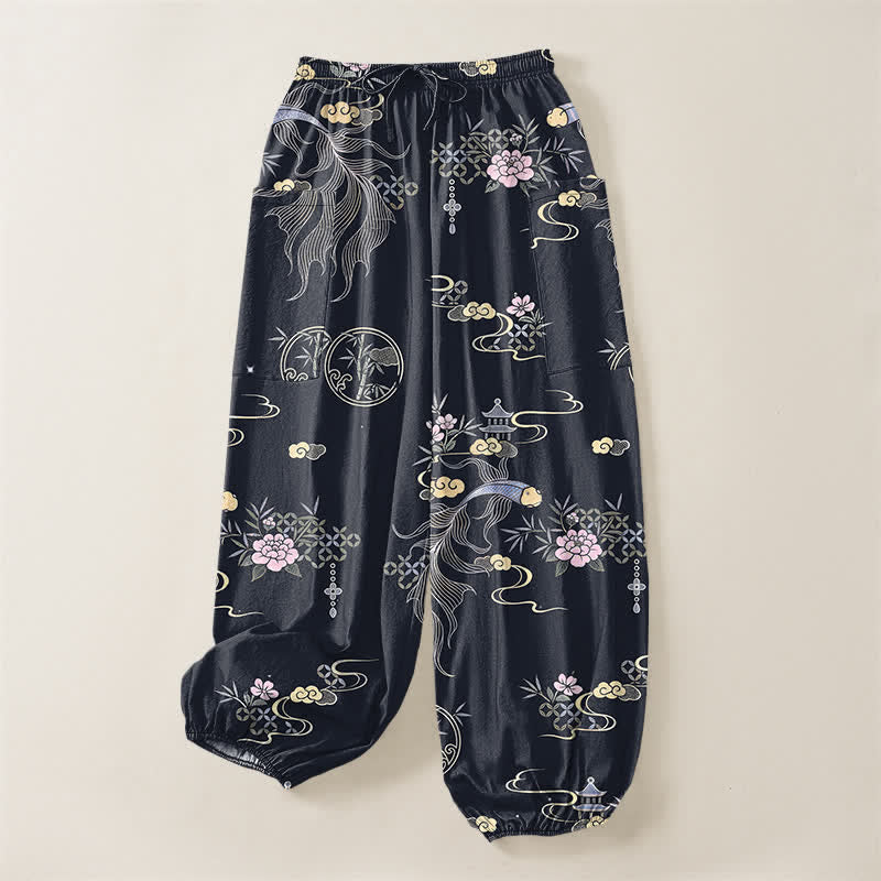 Buddha Stones Pantaloni harem da donna in cotone con elastico in vita e motivo a pesci koi e nuvole di bambù, con tasche laterali. - image 3