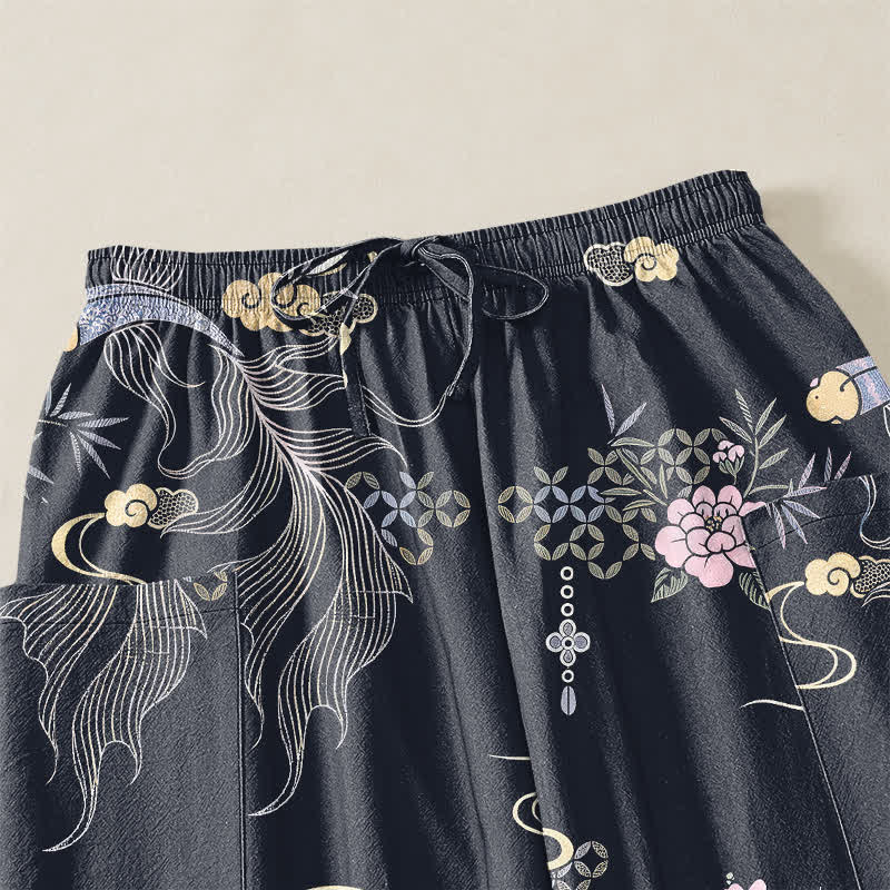 Buddha Stones Pantaloni harem da donna in cotone con elastico in vita e motivo a pesci koi e nuvole di bambù, con tasche laterali. - image 5