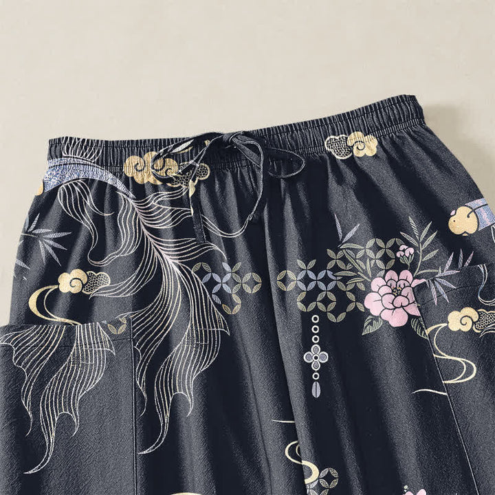 Buddha Stones Pantaloni harem da donna in cotone con elastico in vita e motivo a pesci koi e nuvole di bambù, con tasche laterali. - image 5