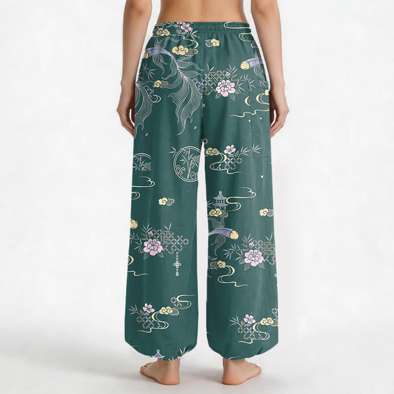 Buddha Stones Pantaloni harem da donna in cotone con elastico in vita e motivo a pesci koi e nuvole di bambù, con tasche laterali. - image 12