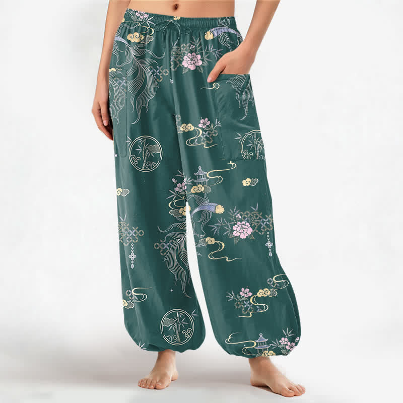 Buddha Stones Pantaloni harem da donna in cotone con elastico in vita e motivo a pesci koi e nuvole di bambù, con tasche laterali. - Verde acqua - US16, UK/AU20, EU48 (3XL) - image 10