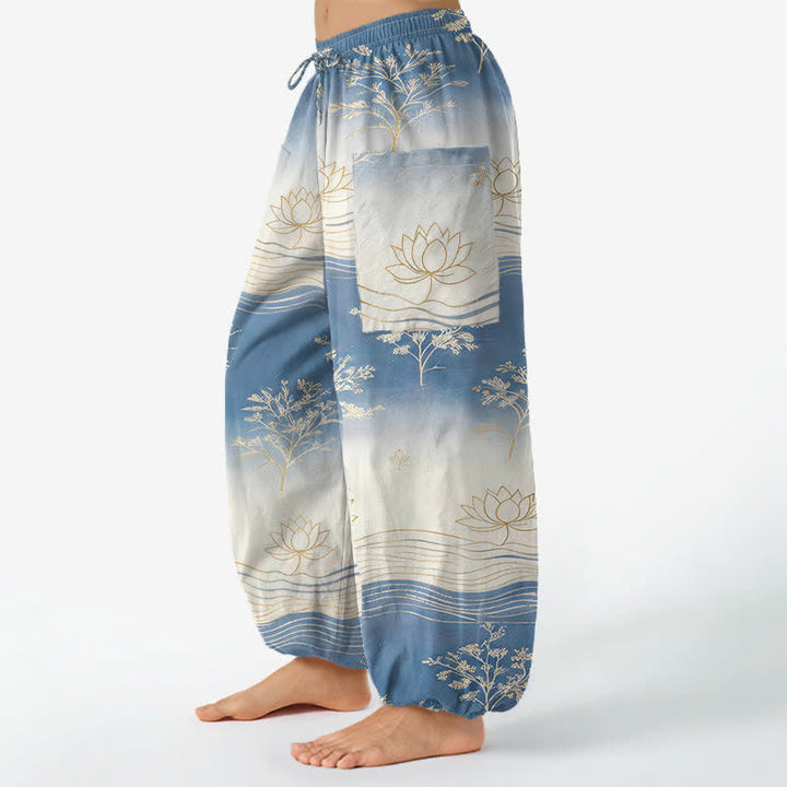 Buddha Stones Pantaloni harem da donna in cotone con motivo a onde di loto e vita elasticizzata, con tasche laterali. - image 1