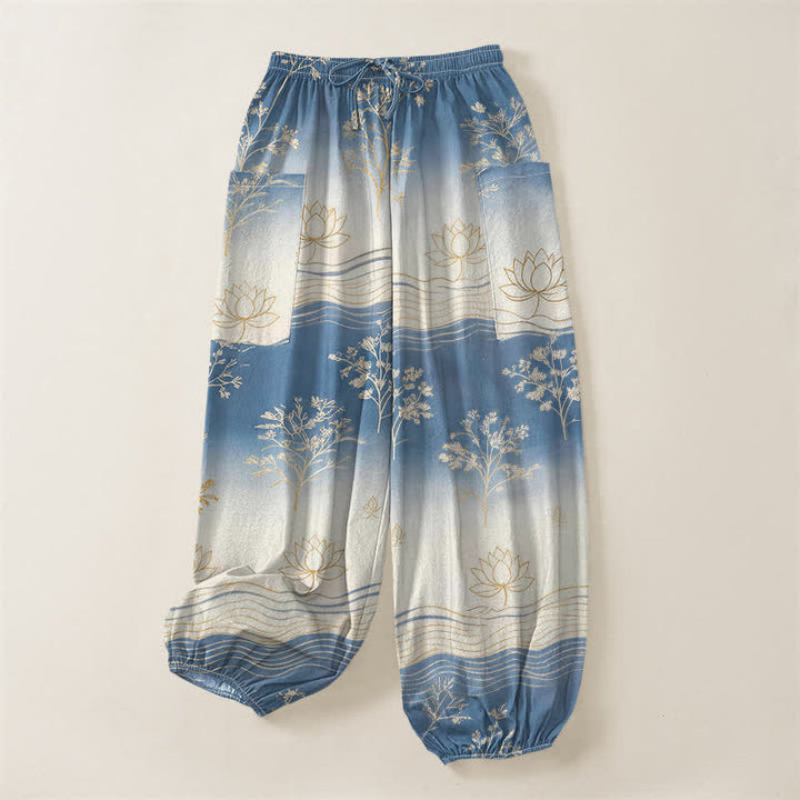 Buddha Stones Pantaloni harem da donna in cotone con motivo a onde di loto e vita elasticizzata, con tasche laterali. - image 3