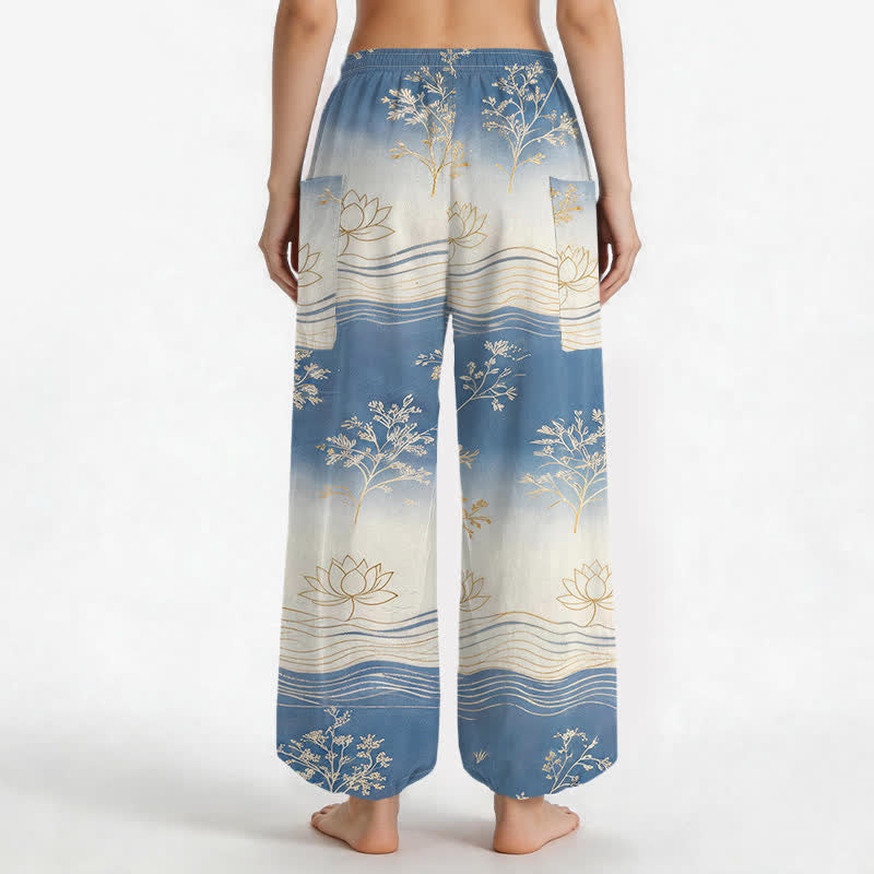Buddha Stones Pantaloni harem da donna in cotone con motivo a onde di loto e vita elasticizzata, con tasche laterali. - image 2