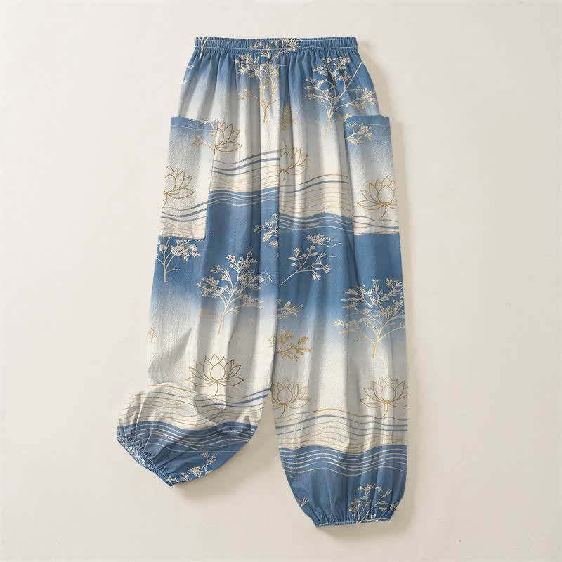 Buddha Stones Pantaloni harem da donna in cotone con motivo a onde di loto e vita elasticizzata, con tasche laterali. - image 4