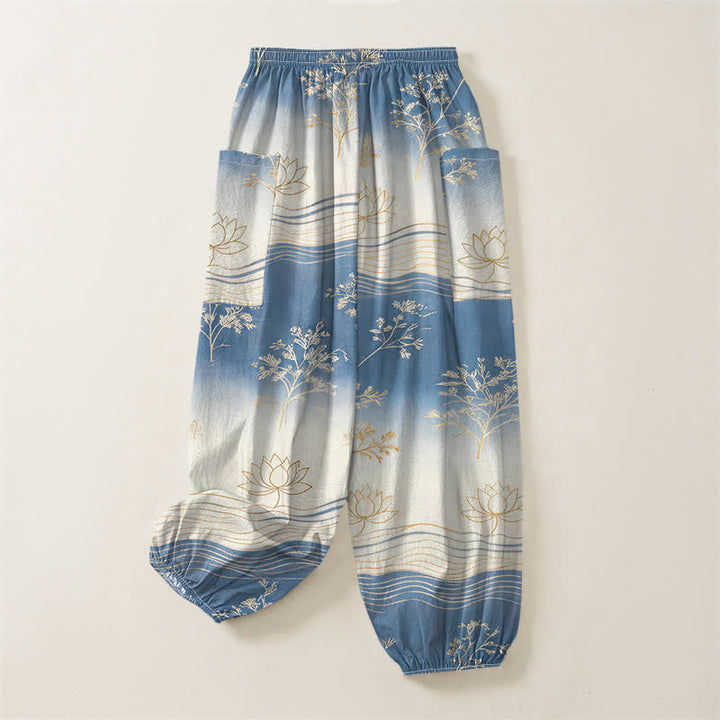 Buddha Stones Pantaloni harem da donna in cotone con motivo a onde di loto e vita elasticizzata, con tasche laterali. - image 4