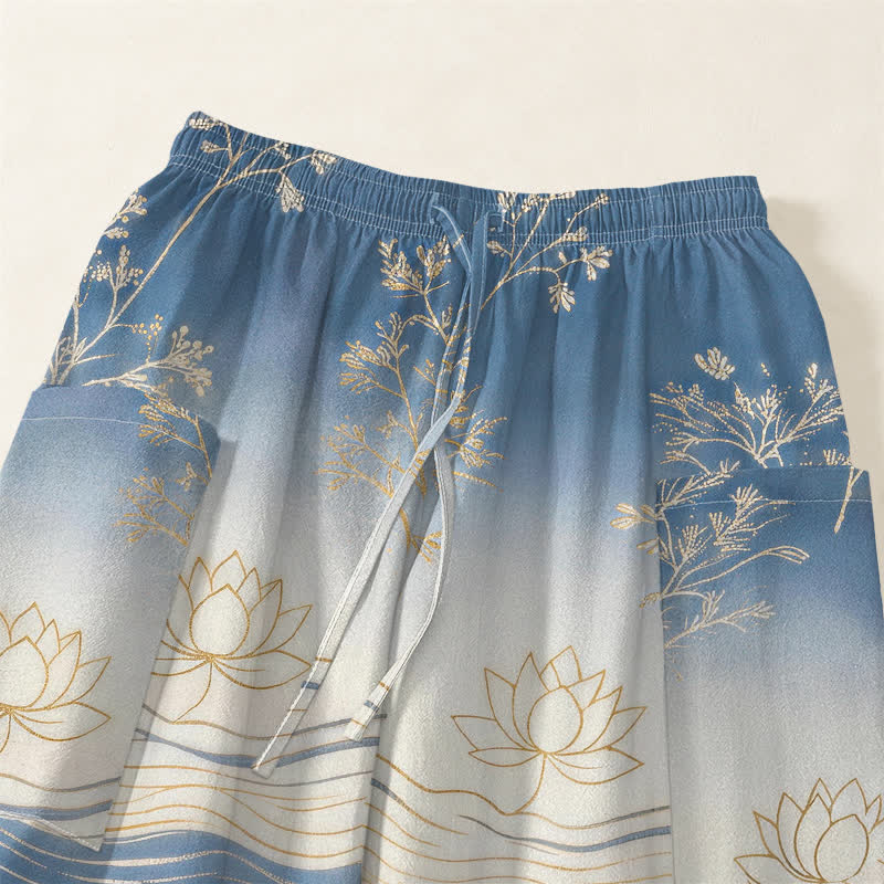 Buddha Stones Pantaloni harem da donna in cotone con motivo a onde di loto e vita elasticizzata, con tasche laterali. - image 5