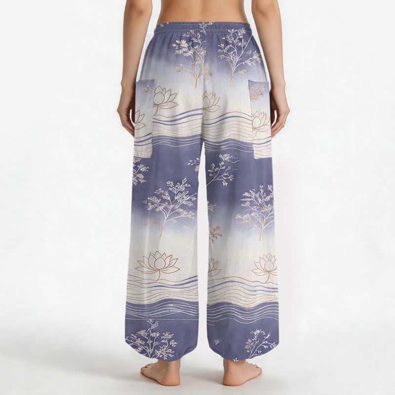 Buddha Stones Pantaloni harem da donna in cotone con motivo a onde di loto e vita elasticizzata, con tasche laterali. - image 9