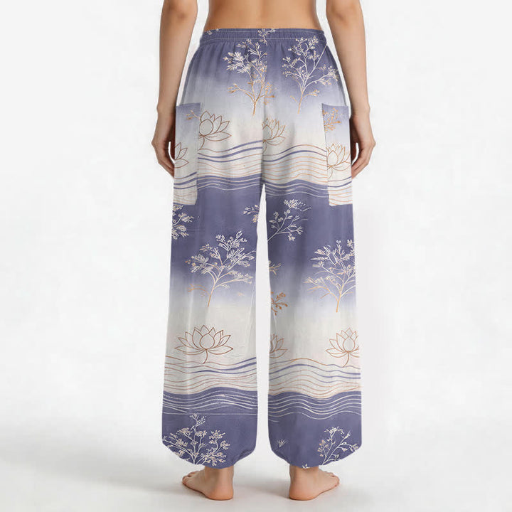 Buddha Stones Pantaloni harem da donna in cotone con motivo a onde di loto e vita elasticizzata, con tasche laterali. - image 9