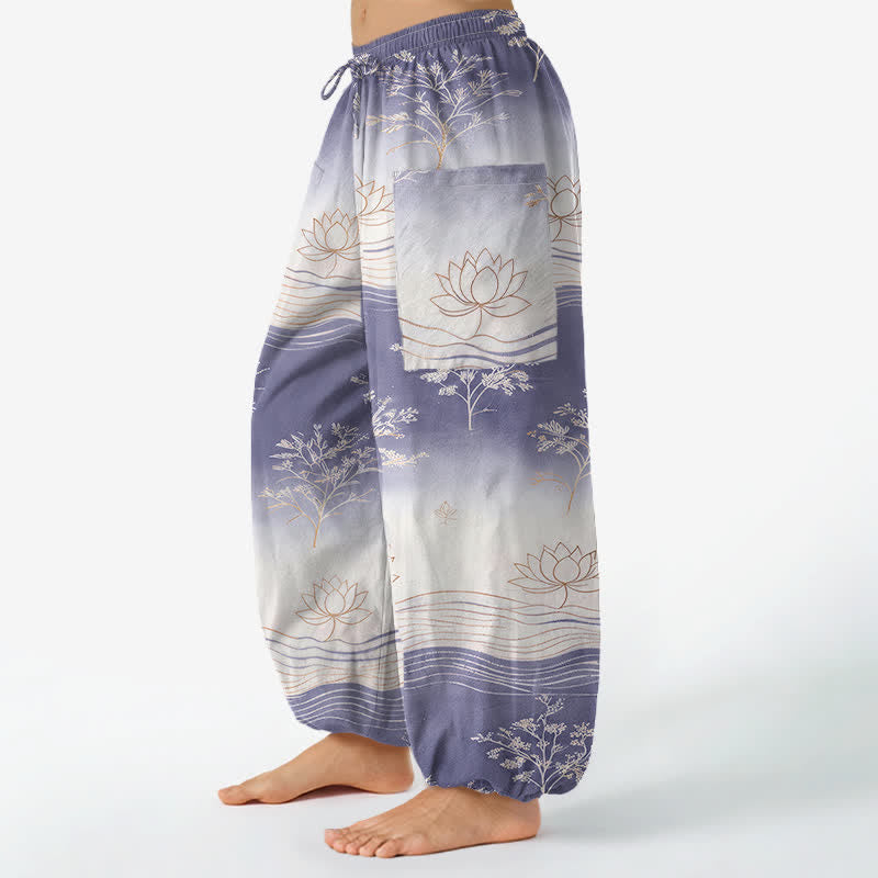 Buddha Stones Pantaloni harem da donna in cotone con motivo a onde di loto e vita elasticizzata, con tasche laterali. - image 8