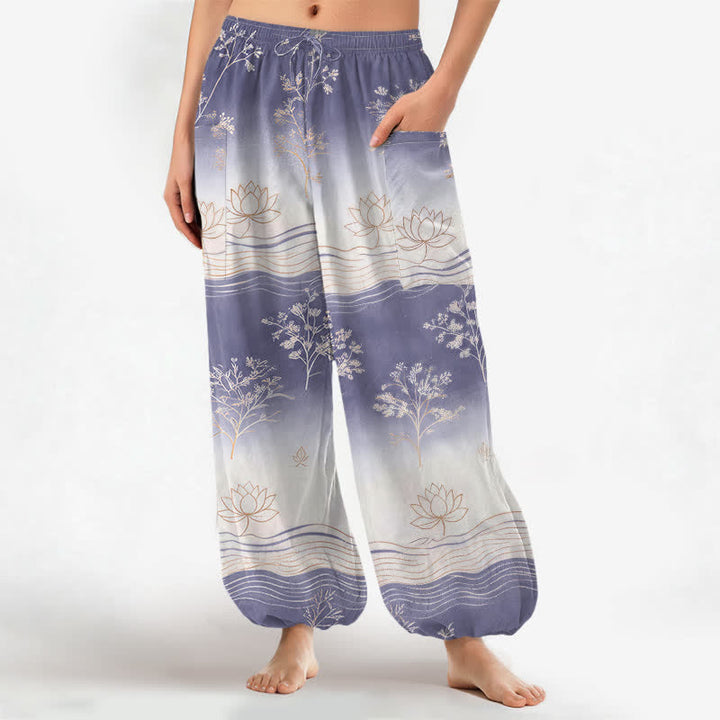 Buddha Stones Pantaloni harem da donna in cotone con motivo a onde di loto e vita elasticizzata, con tasche laterali. - Viola medio - US16, UK/AU20, EU48 (3XL) - image 7
