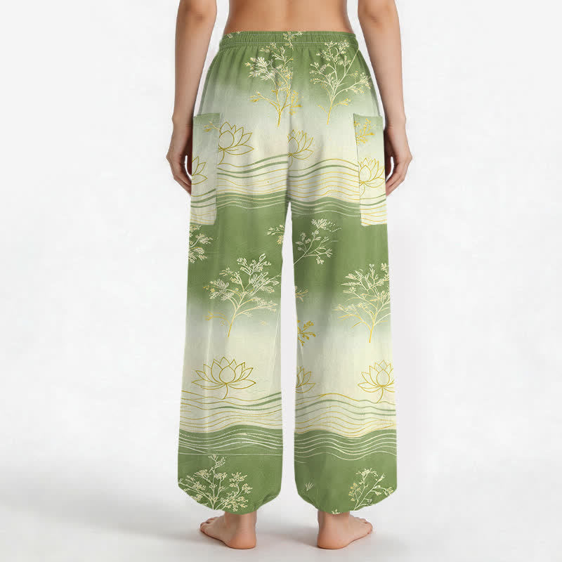 Buddha Stones Pantaloni harem da donna in cotone con motivo a onde di loto e vita elasticizzata, con tasche laterali. - image 12