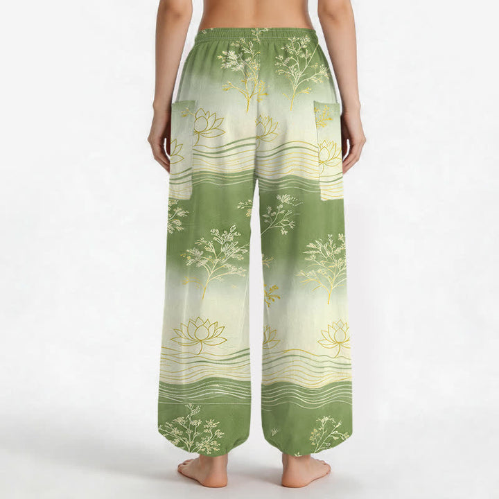 Buddha Stones Pantaloni harem da donna in cotone con motivo a onde di loto e vita elasticizzata, con tasche laterali. - image 12