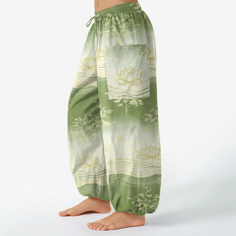 Buddha Stones Pantaloni harem da donna in cotone con motivo a onde di loto e vita elasticizzata, con tasche laterali. - image 11