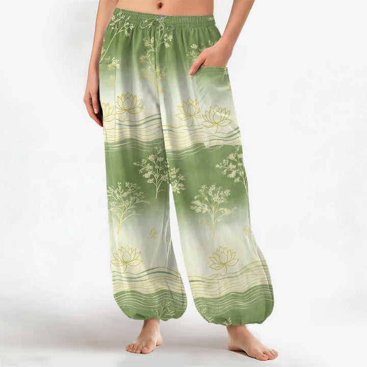 Buddha Stones Pantaloni harem da donna in cotone con motivo a onde di loto e vita elasticizzata, con tasche laterali. - Verde pallido - US16, UK/AU20, EU48 (3XL) - image 10
