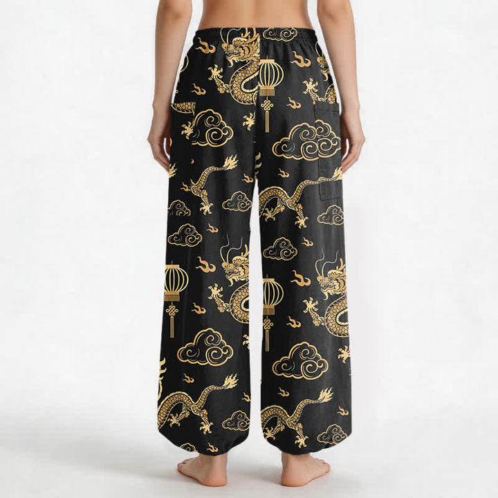 Buddha Stones Pantaloni harem da donna in cotone con elastico in vita e motivo a lanterna con drago dorato, con tasche laterali. - image 2