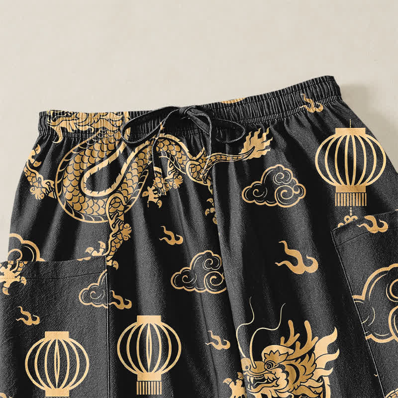 Buddha Stones Pantaloni harem da donna in cotone con elastico in vita e motivo a lanterna con drago dorato, con tasche laterali. - image 5