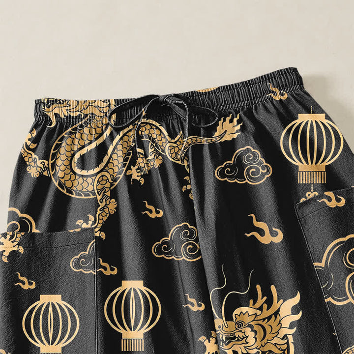 Buddha Stones Pantaloni harem da donna in cotone con elastico in vita e motivo a lanterna con drago dorato, con tasche laterali. - image 5