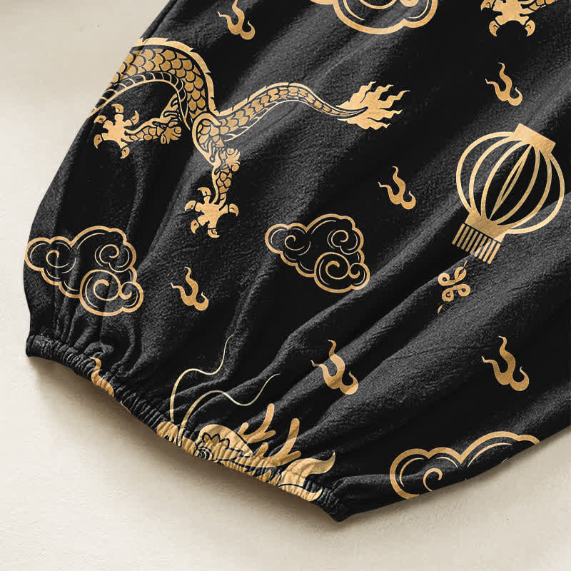 Buddha Stones Pantaloni harem da donna in cotone con elastico in vita e motivo a lanterna con drago dorato, con tasche laterali. - image 6