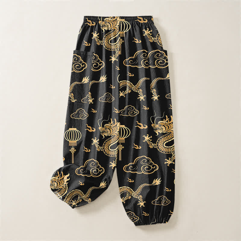 Buddha Stones Pantaloni harem da donna in cotone con elastico in vita e motivo a lanterna con drago dorato, con tasche laterali. - image 4