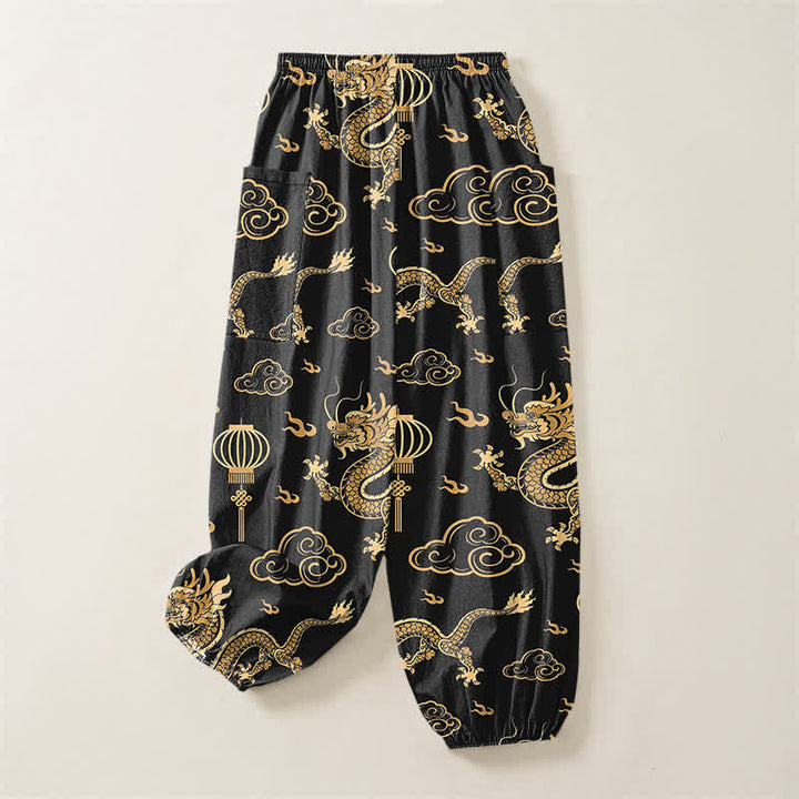 Buddha Stones Pantaloni harem da donna in cotone con elastico in vita e motivo a lanterna con drago dorato, con tasche laterali. - image 4