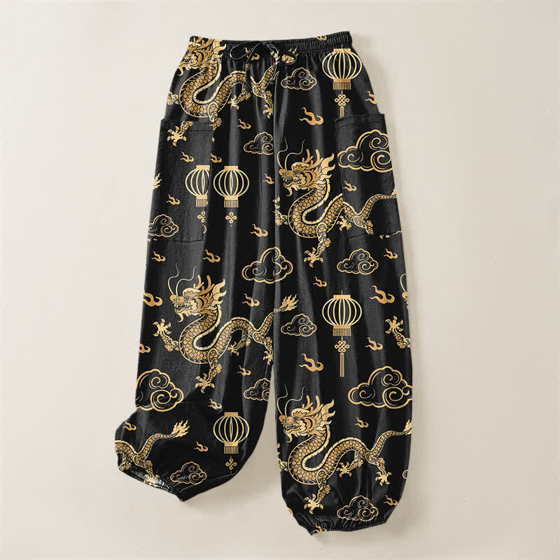 Buddha Stones Pantaloni harem da donna in cotone con elastico in vita e motivo a lanterna con drago dorato, con tasche laterali. - image 3