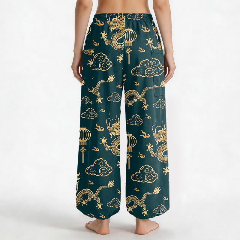 Buddha Stones Pantaloni harem da donna in cotone con elastico in vita e motivo a lanterna con drago dorato, con tasche laterali. - image 9