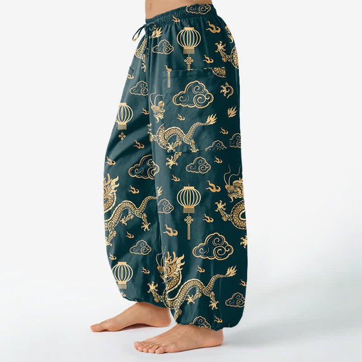 Buddha Stones Pantaloni harem da donna in cotone con elastico in vita e motivo a lanterna con drago dorato, con tasche laterali. - image 8