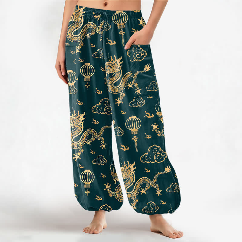 Buddha Stones Pantaloni harem da donna in cotone con elastico in vita e motivo a lanterna con drago dorato, con tasche laterali. - Verde acqua - US16, UK/AU20, EU48 (3XL) - image 7