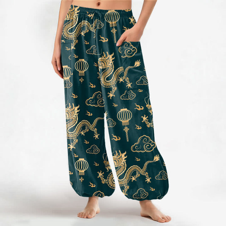 Buddha Stones Pantaloni harem da donna in cotone con elastico in vita e motivo a lanterna con drago dorato, con tasche laterali. - Verde acqua - US16, UK/AU20, EU48 (3XL) - image 7