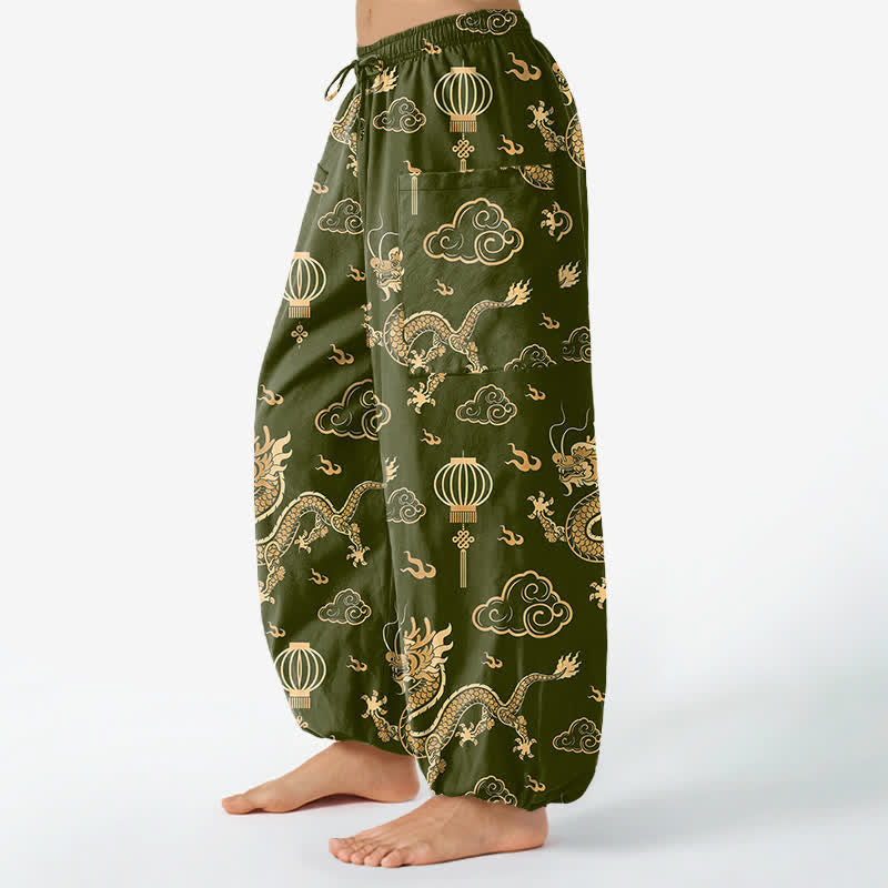 Buddha Stones Pantaloni harem da donna in cotone con elastico in vita e motivo a lanterna con drago dorato, con tasche laterali. - image 11