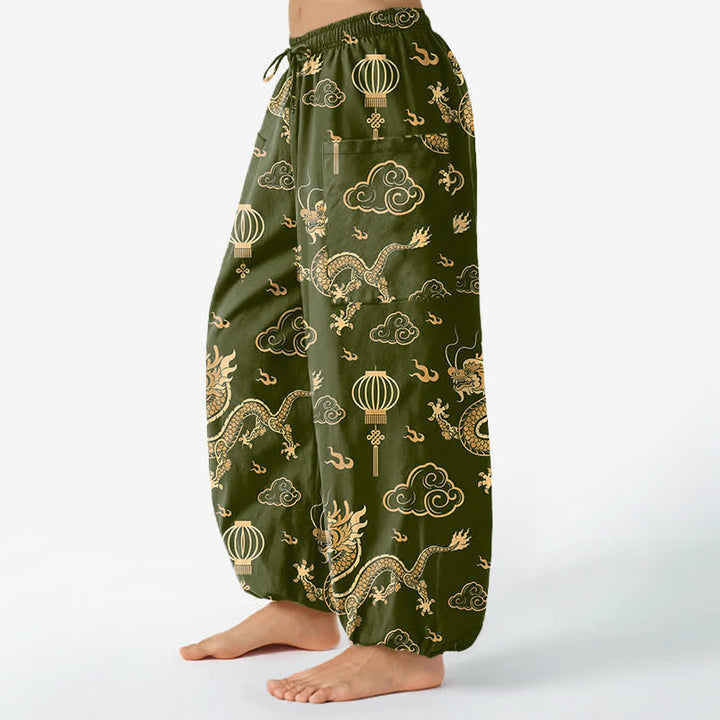 Buddha Stones Pantaloni harem da donna in cotone con elastico in vita e motivo a lanterna con drago dorato, con tasche laterali. - image 11