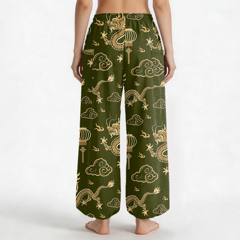 Buddha Stones Pantaloni harem da donna in cotone con elastico in vita e motivo a lanterna con drago dorato, con tasche laterali. - image 12
