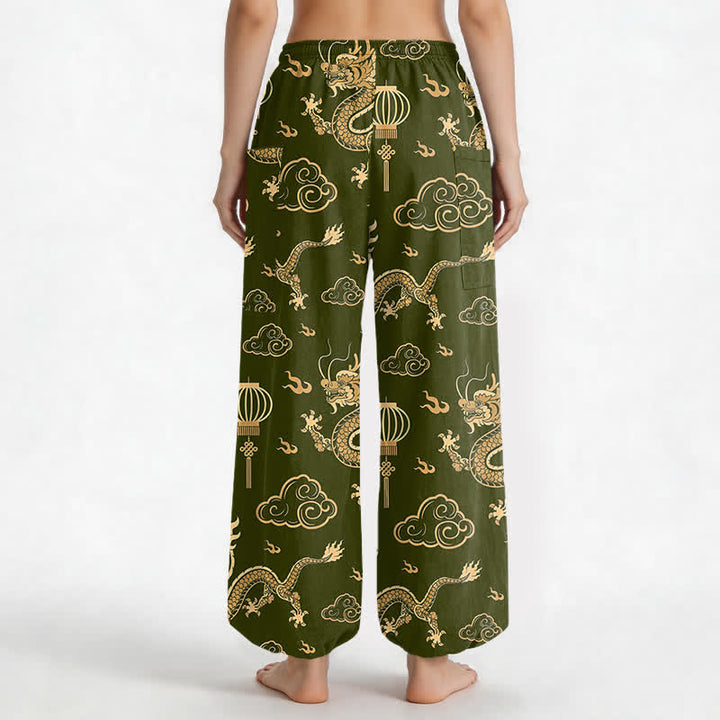 Buddha Stones Pantaloni harem da donna in cotone con elastico in vita e motivo a lanterna con drago dorato, con tasche laterali. - image 12